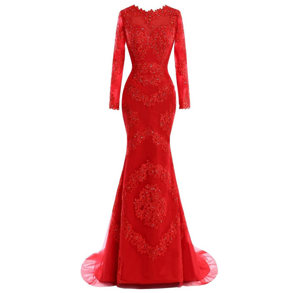 Trumpet/mermaid Scoop Neck Tulle Sweep Train Appliques Lace Red Long Sleeve Long Prom Dresses