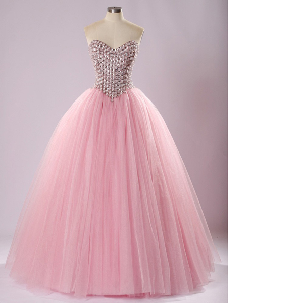 Classy Pink Ball Gown Sweetheart Tulle Floor-length Beading Lace-up Long Prom Dresses