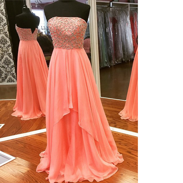 Orange A-line Square Neckline Chiffon Floor-length Beading Beautiful Elegant Long Prom Dresses