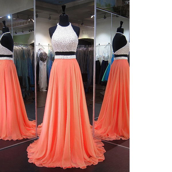 Perfect Orange A-line Halter Chiffon Sweep Train Crystal Detailing Backless Two Piece Long Prom Dresses