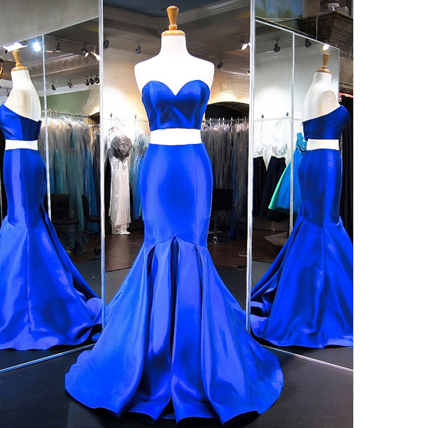 Trumpet/mermaid Sweetheart Satin Sweep Train Ruffles Royal Blue Two Piece Online Long Prom Dresses
