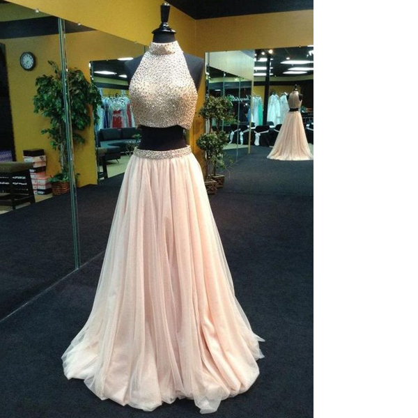 Champagne Affordable A-line High Neck Tulle Floor-length Beading Crystal Detailing Two Piece Long Prom Dresses