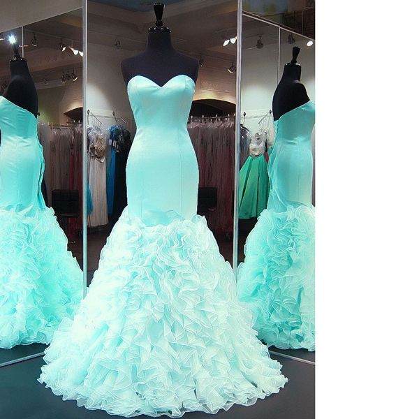 Blue Trumpet/mermaid Sweetheart Organza Silk-like Satin Sweep Train Cascading Ruffles Lace-up Unique Long Prom Dresses