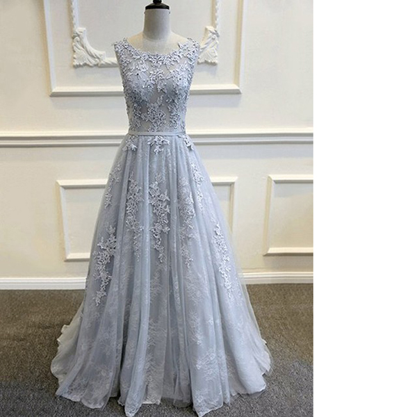 Silver Glamorous Princess Scoop Neck Tulle Lace Sweep Train Sashes/ribbons Backless Long Prom Dresses