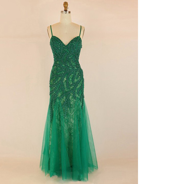 Green Trumpet/mermaid V-neck Lace Tulle Floor-length Lace-up Appliques Lace Long Prom Dresses