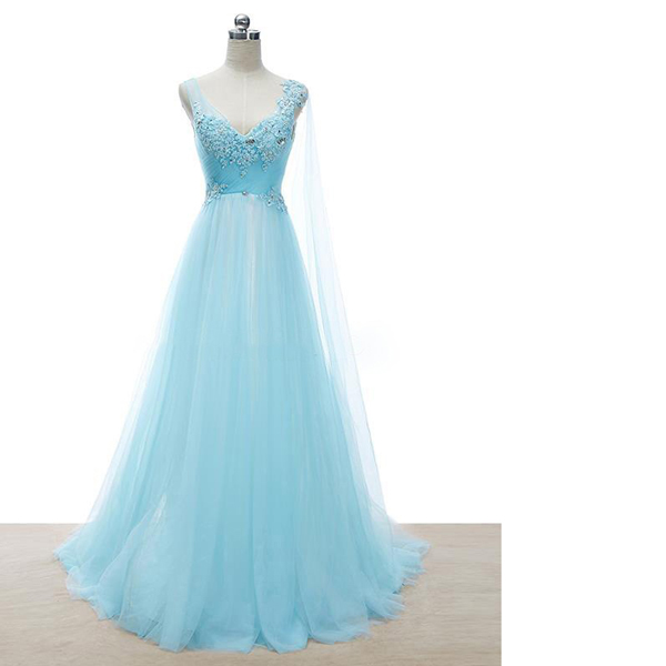 Blue Princess V-neck Tulle Sweep Train Beading Appliques Lace Long Prom Dresses
