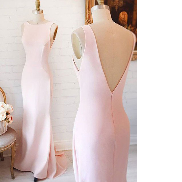 Pink Sheath/column Scoop Neck Silk-like Satin Sweep Train Ruffles Open Back Long Prom Dresses