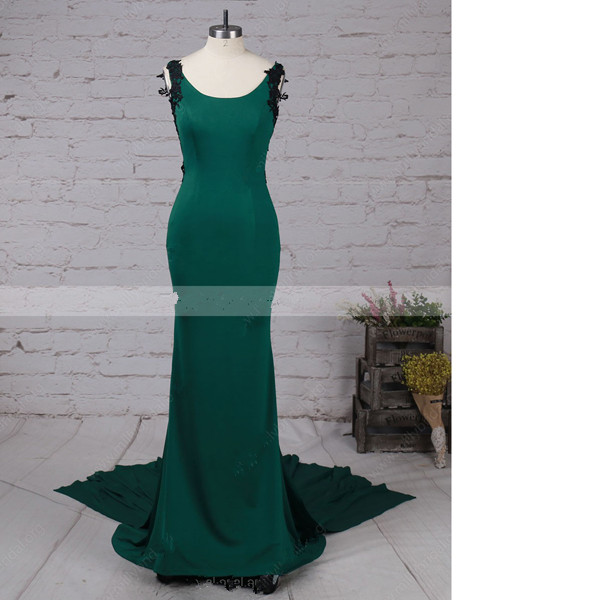 Dark Green Trumpet/mermaid Square Neckline Jersey Sweep Train Appliques Lace Long Prom Dresses