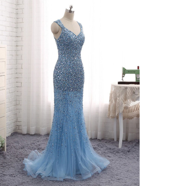Light Sky Blue Sheath/column V-neck Tulle Sweep Train Beading Sequins Long Prom Dresses