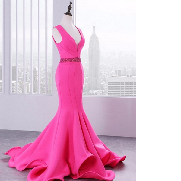 Pink Trumpet/mermaid V-neck Satin Sweep Train Beading Cascading Ruffles Open Back Long Prom Dresses
