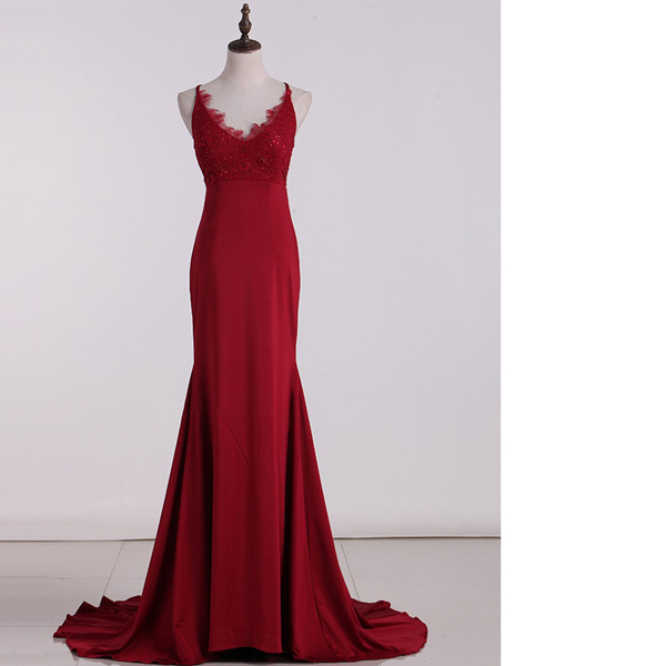 Burgundy Trumpet/mermaid V-neck Silk-like Satin Sweep Train Lace Open Back Long Prom Dresses