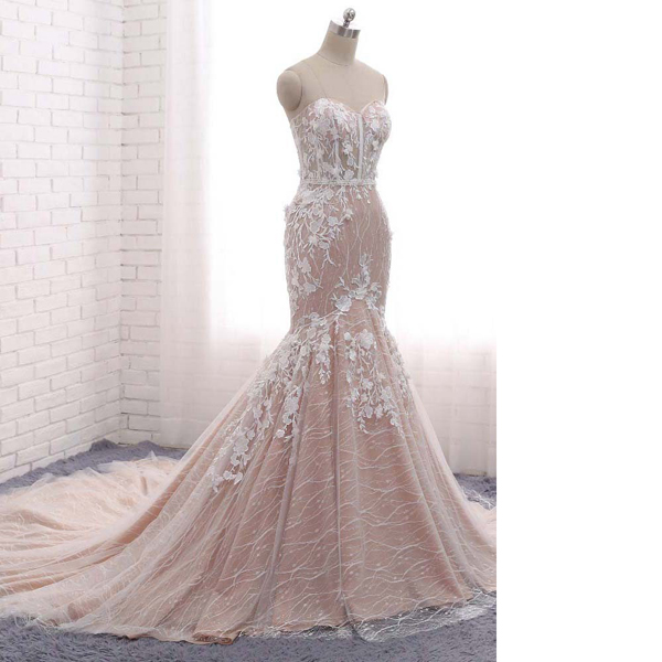 White Trumpet/mermaid Sweetheart Tulle Sweep Train Appliques Lace Lace-up Long Prom Dresses