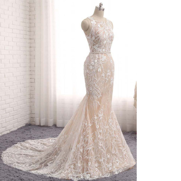 White Trumpet/mermaid Scoop Neck Lace Sweep Train Appliques Lace Sashes/ribbons Elegant Long Prom Dresses
