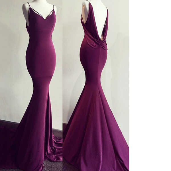 Purple Trumpet/mermaid V-neck Silk-like Satin Sweep Train Draped Long Prom Dresses