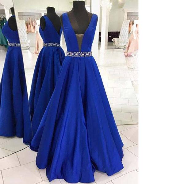 Royal Blue Princess V-neck Satin Floor-length Beading Long Prom Dresses