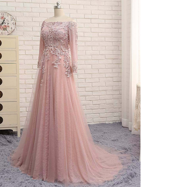 Pink Princess Off-the-shoulder Lace Tulle Sweep Train Appliques Lace Pearl Detailing Open Back Long Prom Dresses