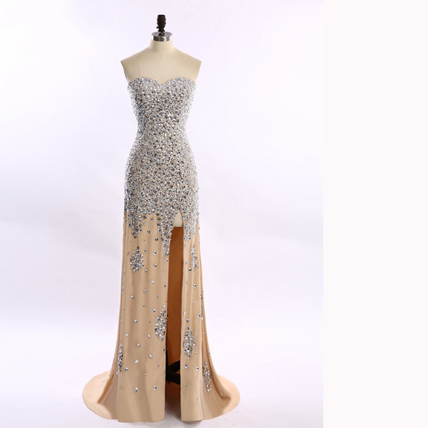 Great Sheath/column Sweetheart Champagne Chiffon Split Front Crystal Detailing Sparkle Shine Long Prom Dresses