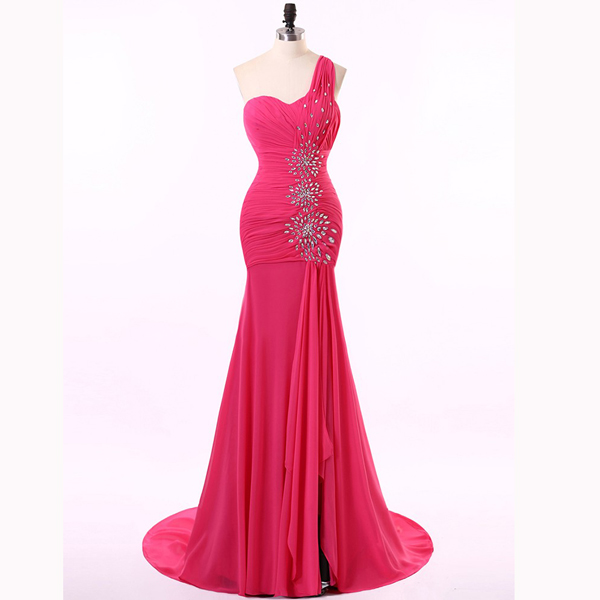 Crystal Embellished Chiffon One-shoulder Sweetheart Floor Length Trumpet Prom Dress Featuring Sweep Train
