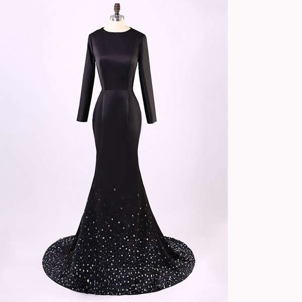Black Satin Crew Neck Long Sleeves Floor Length Mermaid Prom Dress Featuring Beaded Embellishments And Sweep Train