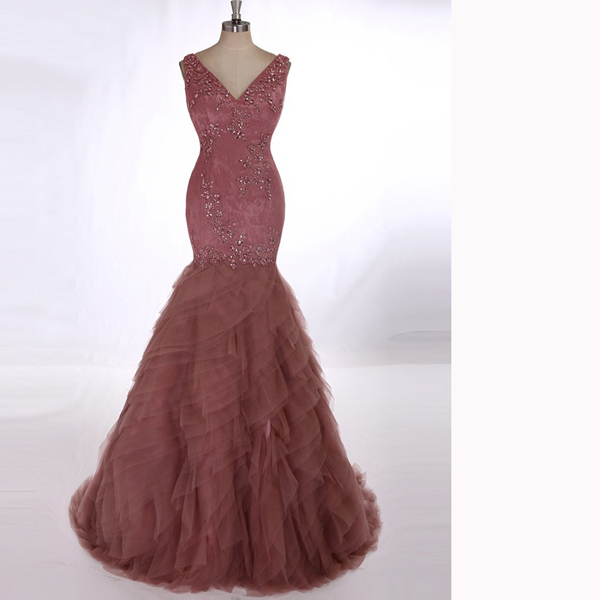 Beaded Embellished Plunge V Sleeveless Floor Length Tulle Mermaid Prom Dress