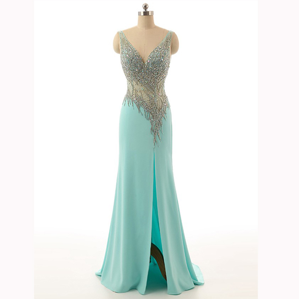 Sheath/column Chiffon Tulle Split Front V-neck Open Back Sparkle Shine Light Blue Long Prom Dresses