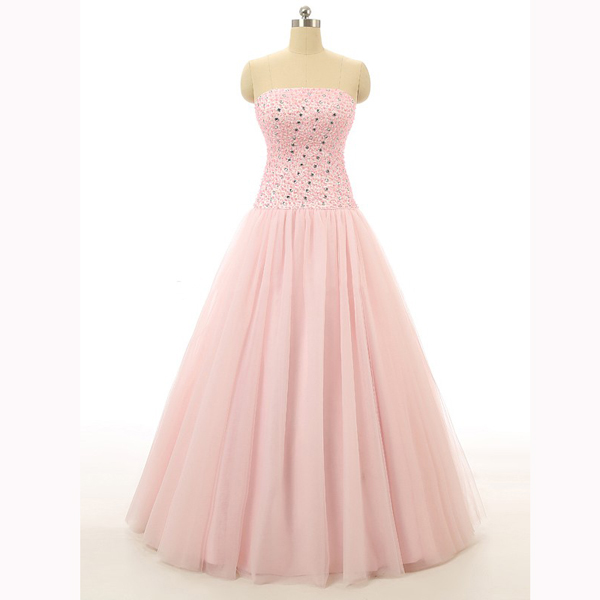 Ball Gown Pink Tulle Beading Strapless Sequins Designer Sweet Flow Long Prom Dresses