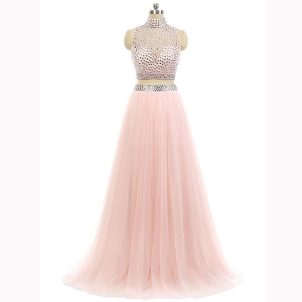 High Neck Pink Tulle Sweep Train Beading Two Piece Sweet Flow Long Prom Dresses