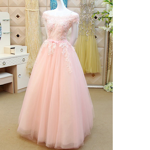 Princess Off-the-shoulder Tulle Appliques Lace Sashes/ribbons Sweet Flow Pink Long Prom Dresses