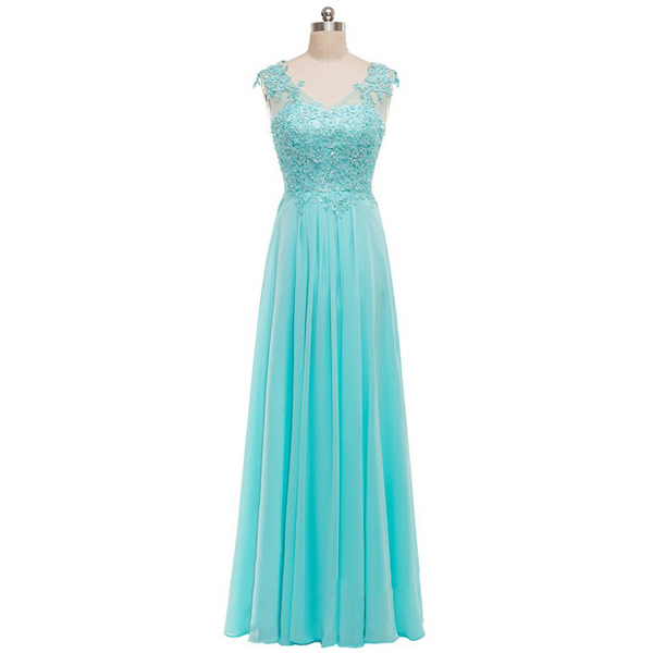 Teal A-line V-neck Chiffon Tulle Appliques Lace Sweet Flow Wholesale Long Prom Dresses
