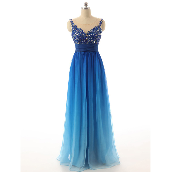 Royal Blue Fashion A-line Scoop Neck Chiffon Appliques Lace Ruffles Sweet Flow Long Prom Dresses