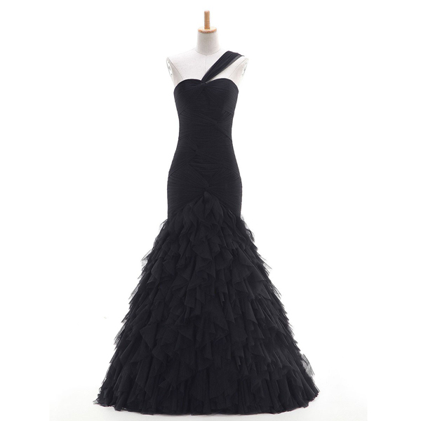 Trumpet/mermaid One Shoulder Tulle Floor-length Cascading Ruffles Black Classy Long Prom Dresses