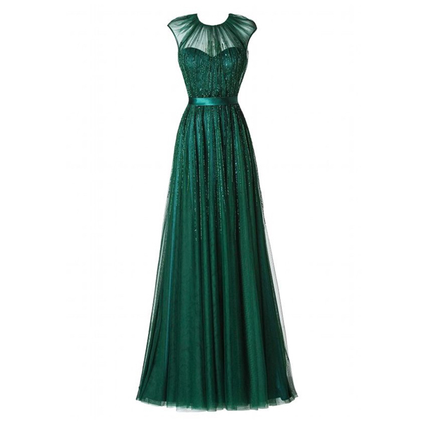 A-line Scoop Neck Tulle Floor-length Beading Cap Straps Beautiful Green Long Prom Dresses