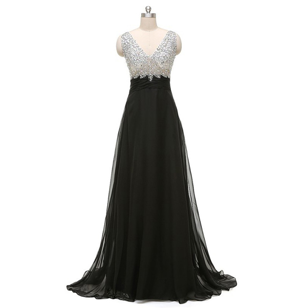 Amazing A-line V-neck Chiffon Tulle Sweep Train Beading Black Backless Long Prom Dresses
