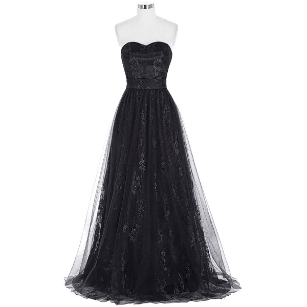A-line Sweetheart Lace Tulle Floor-length Ruffles Black Inexpensive Elegant Long Prom Dresses
