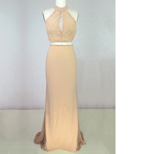 Champagne Trumpet/mermaid Halter Chiffon Sweep Train Crystal Detailing Open Back Two-pieces Long Prom Dresses