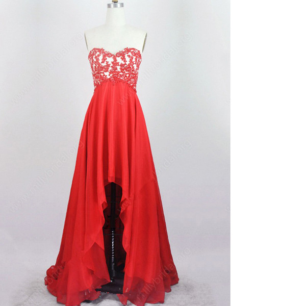 A-line Sweetheart Chiffon Asymmetrical Beading Appliques Lace High Low Red Long Prom Dresses