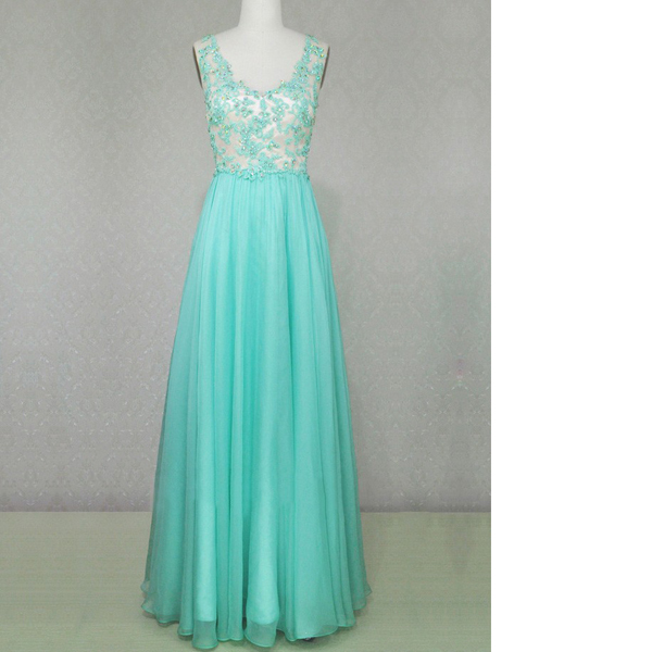 A-line V-neck Chiffon Tulle Floor-length Beading Appliques Lace Open Back Teal Long Prom Dresses