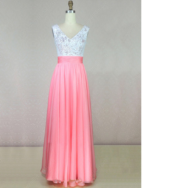 A-line V-neck Chiffon Sequined Floor-length Sequined Ruffles Pink Elegant Long Prom Dresses