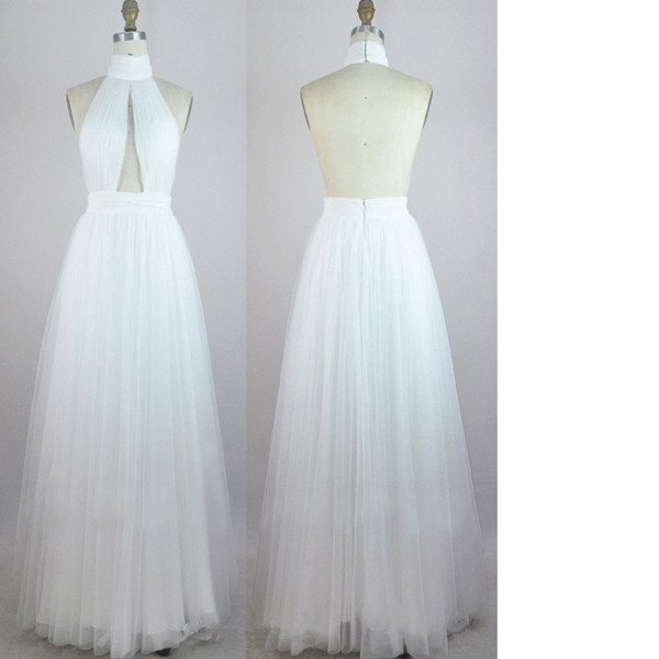 A-line High Neck Tulle Floor-length Ruffles Open Back White Long Prom Dresses