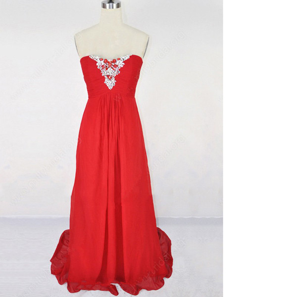 Red A-line Sweetheart Chiffon Sweep Train Beading Pleats Vintage Long Prom Dresses