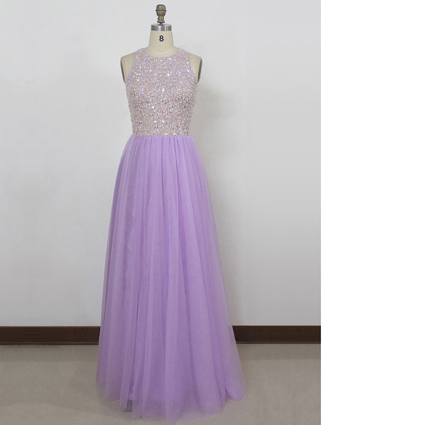 A-line Scoop Neck Tulle Floor-length Crystal Detailing Open Back Lavender Long Prom Dresses