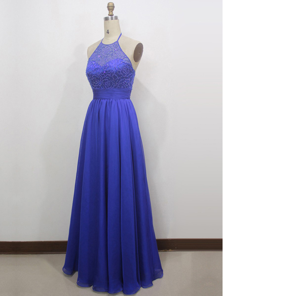 Royal Blue A-line Halter Chiffon Tulle Floor-length Beading Open Back Long Prom Dresses