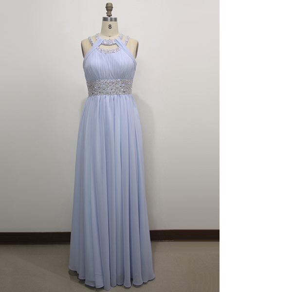 A-line Scoop Neck Chiffon Floor-length Beading Sequins Lavender Ruffles Long Prom Dresses