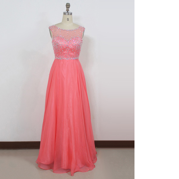 A-line Scoop Neck Tulle Chiffon Floor-length Crystal Detailing Open Back Pink Long Prom Dresses