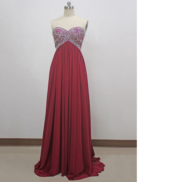 Empire Sweetheart Chiffon Sweep Train Beading Sequins Vintage Burgundy Long Prom Dresses