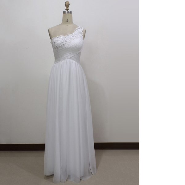 A-line One Shoulder Chiffon Floor-length Appliques Lace Sequins White Long Prom Dresses