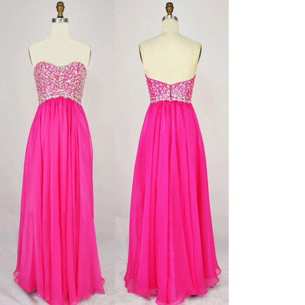 Empire Sweetheart Chiffon Floor-length Crystal Detailing Sequins Open Back Pink Long Prom Dresses