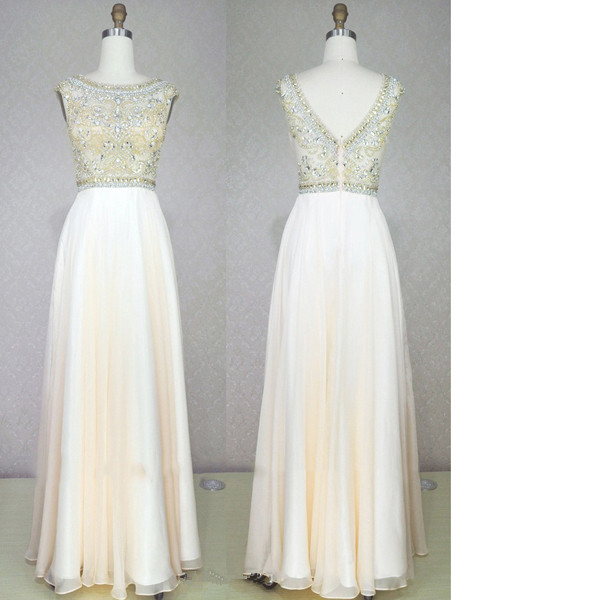 A-line Scoop Neck Chiffon Tulle Floor-length Beading Elegant White Long Prom Dresses
