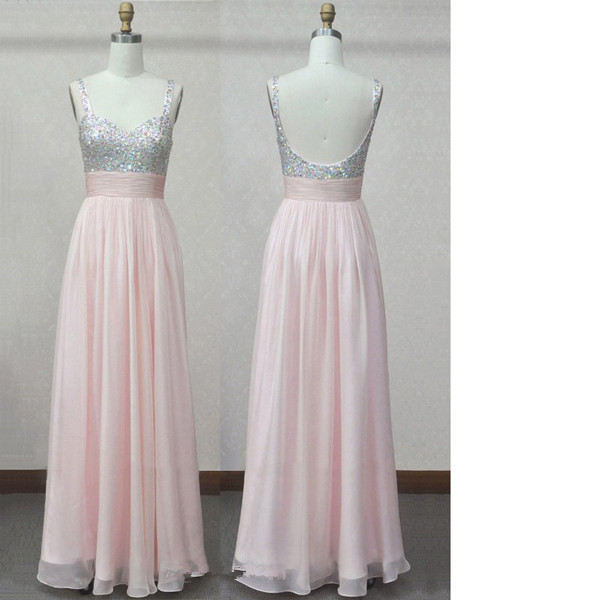 A-line V-neck Chiffon Floor-length Crystal Detailing Pleats Pink Long Prom Dresses