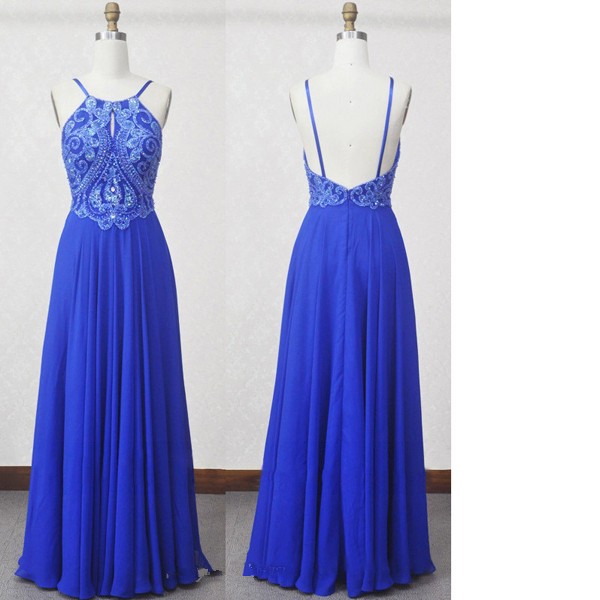 A-line Scoop Neck Chiffon Floor-length Beading Royal Blue Open Back Long Prom Dresses